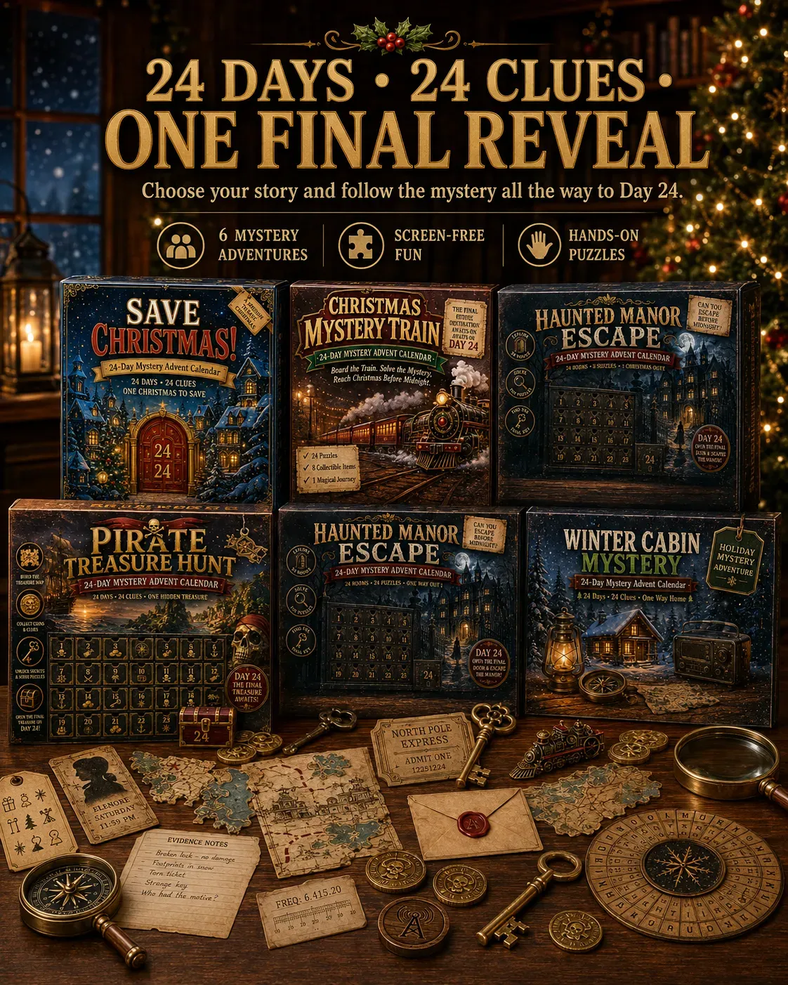 Six 24-day mystery adventure Advent calendar themes