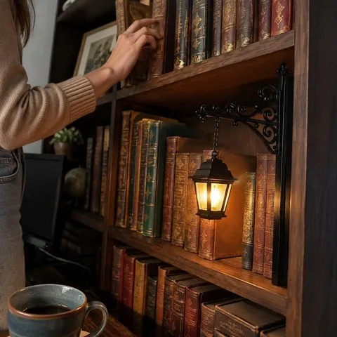 Vintage lantern bookshelf light glowing in a home office bookcase