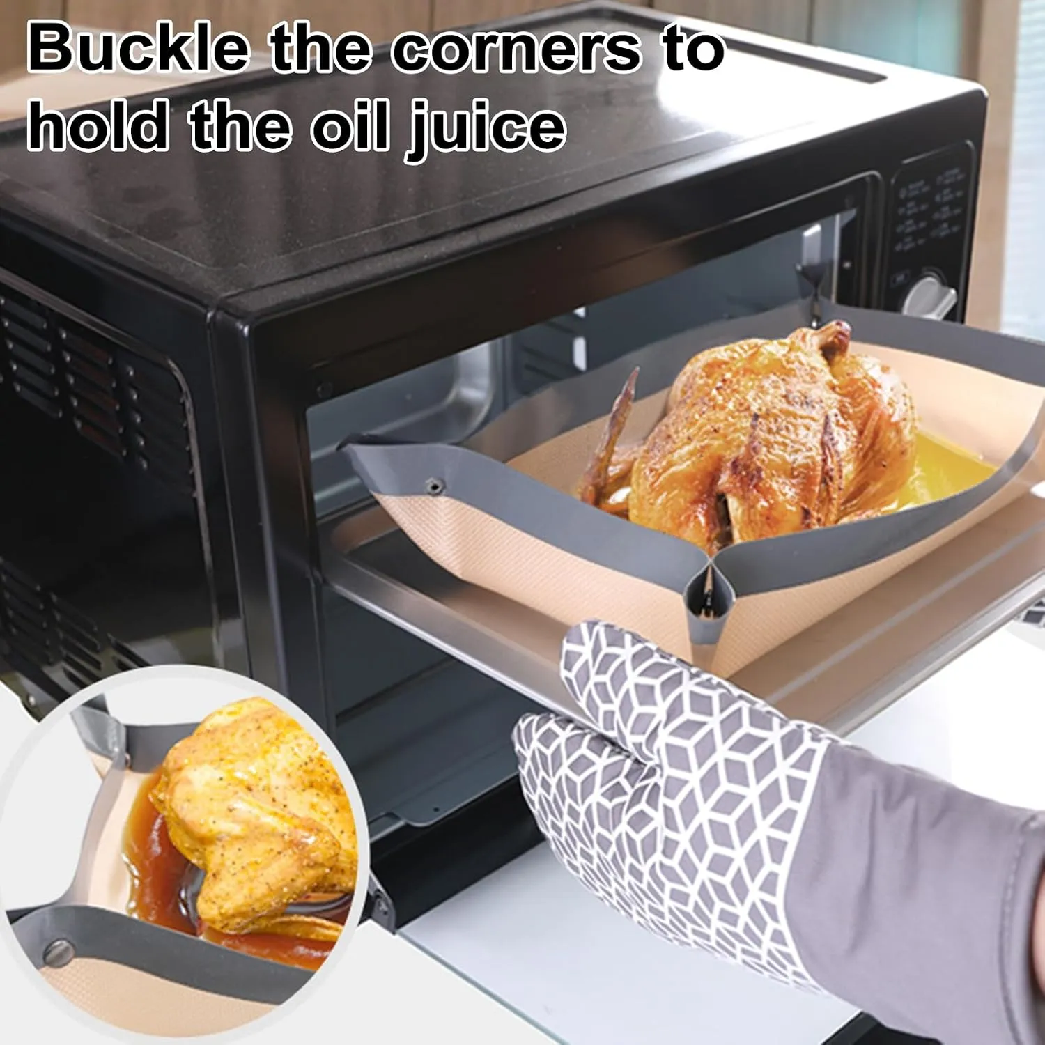 Snap-corner baking mat helping contain roasting juices