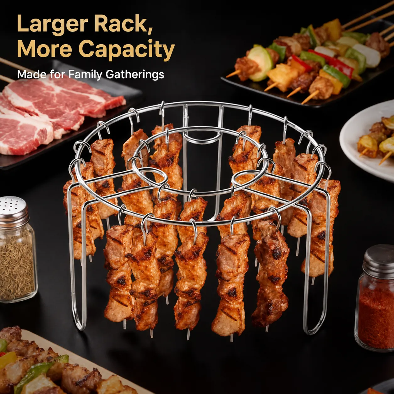 Double-tier hanging rack holding a large batch of skewers