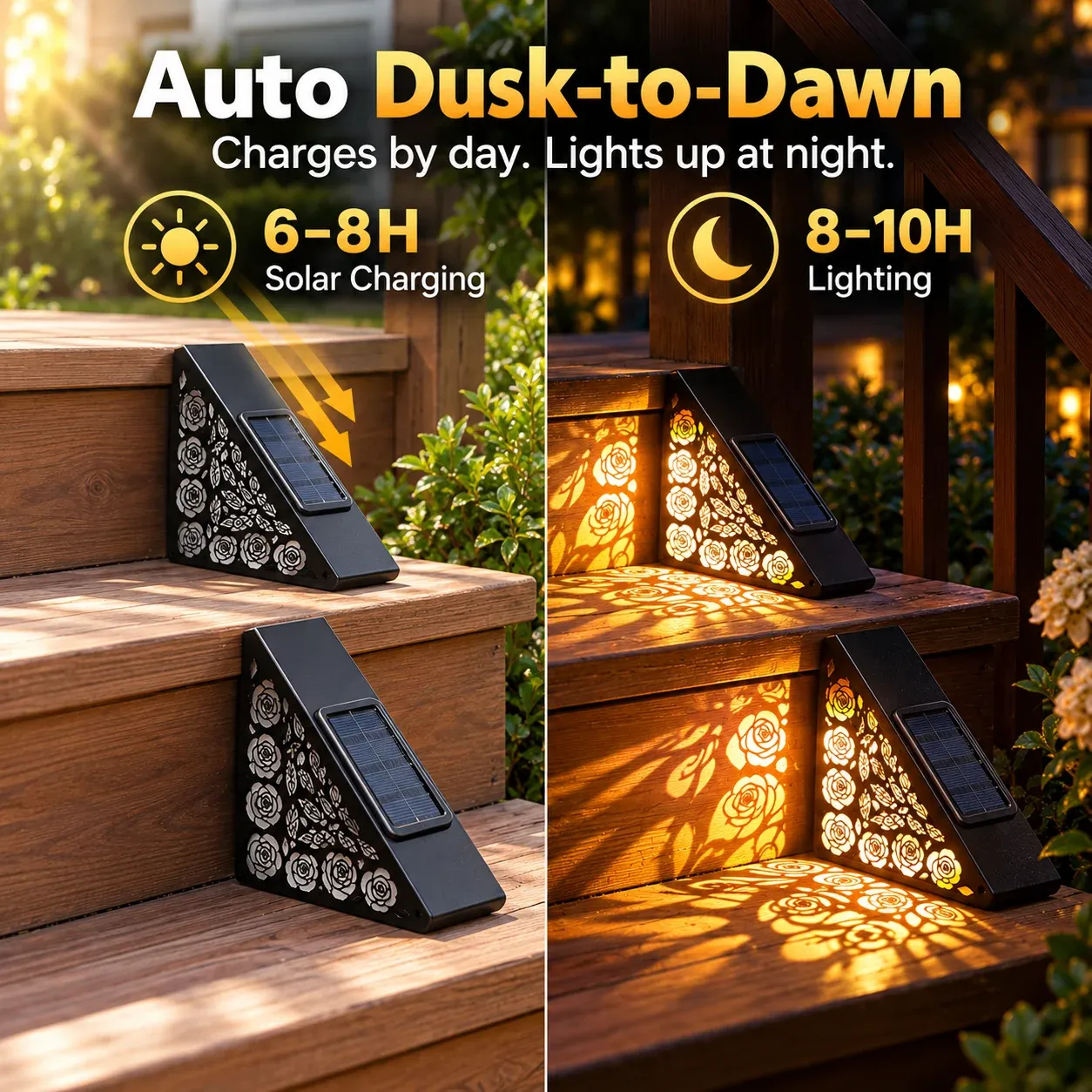 Decorative cutout light patterns from outdoor solar step lights