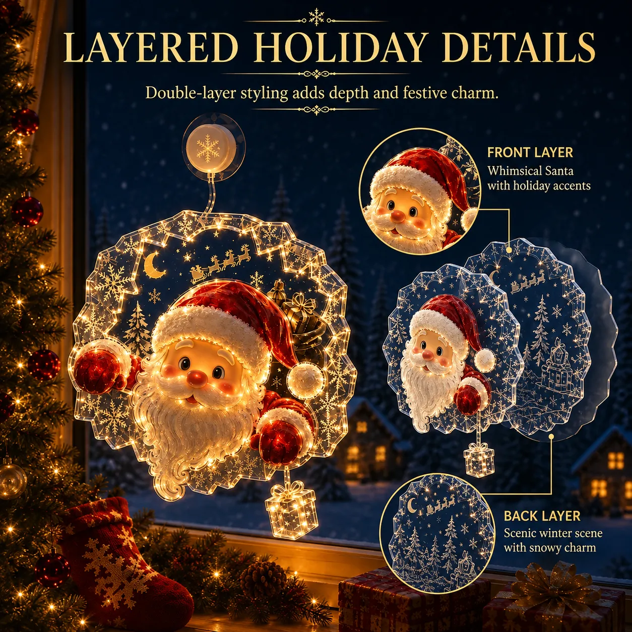 Front and back decorative layers of the holiday window light