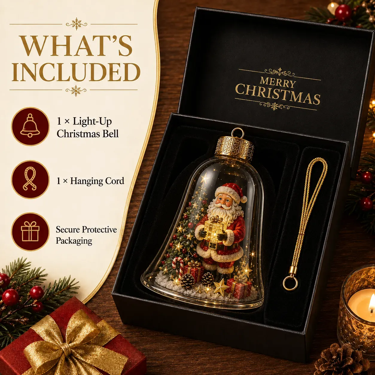 Light-up Christmas bell ornament, hanging cord, and protective packaging