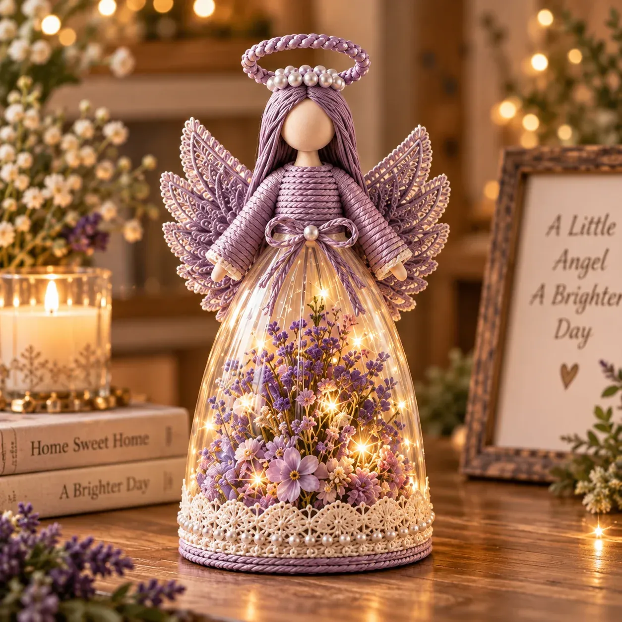 Blooming Guardian Angel Light with lavender flowers and warm lights