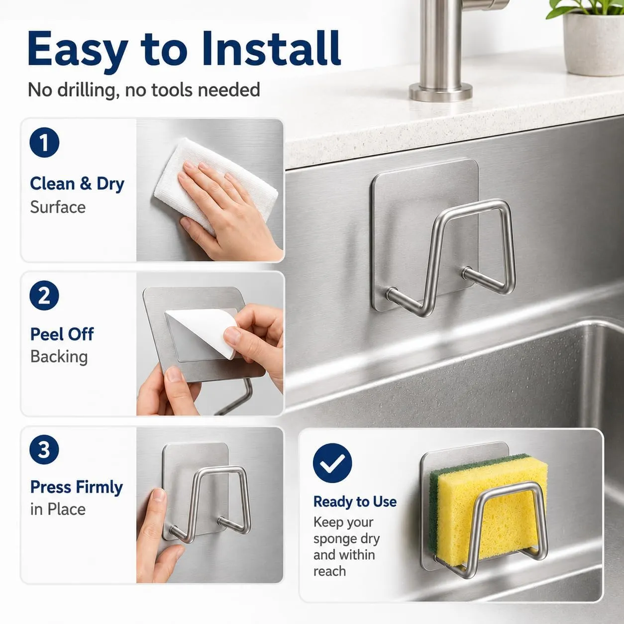 Three-step peel-and-stick installation guide