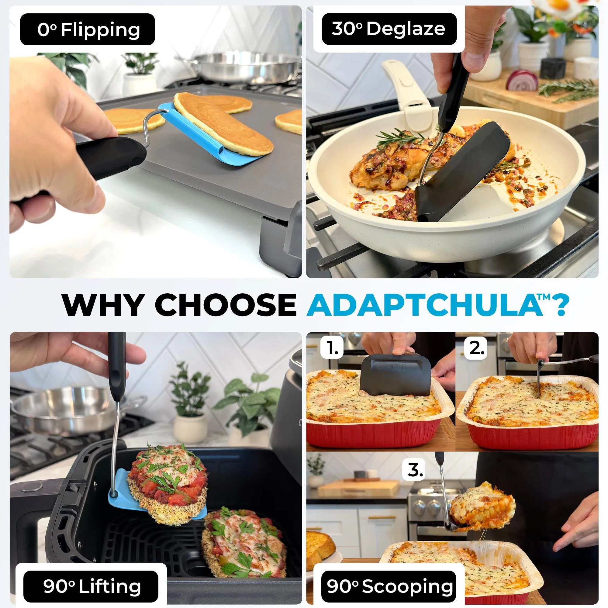 Adaptchula™ - Spatula with adjustable angles, a must have kitchen gadget!  Kitchen accessories should serve a purpose!  Perfect for Air Fryers, griddles and everything in-between! Includes 2 Spatula heads made from PPSU - BPA/BPS and PFAS free.  Non-Toxic