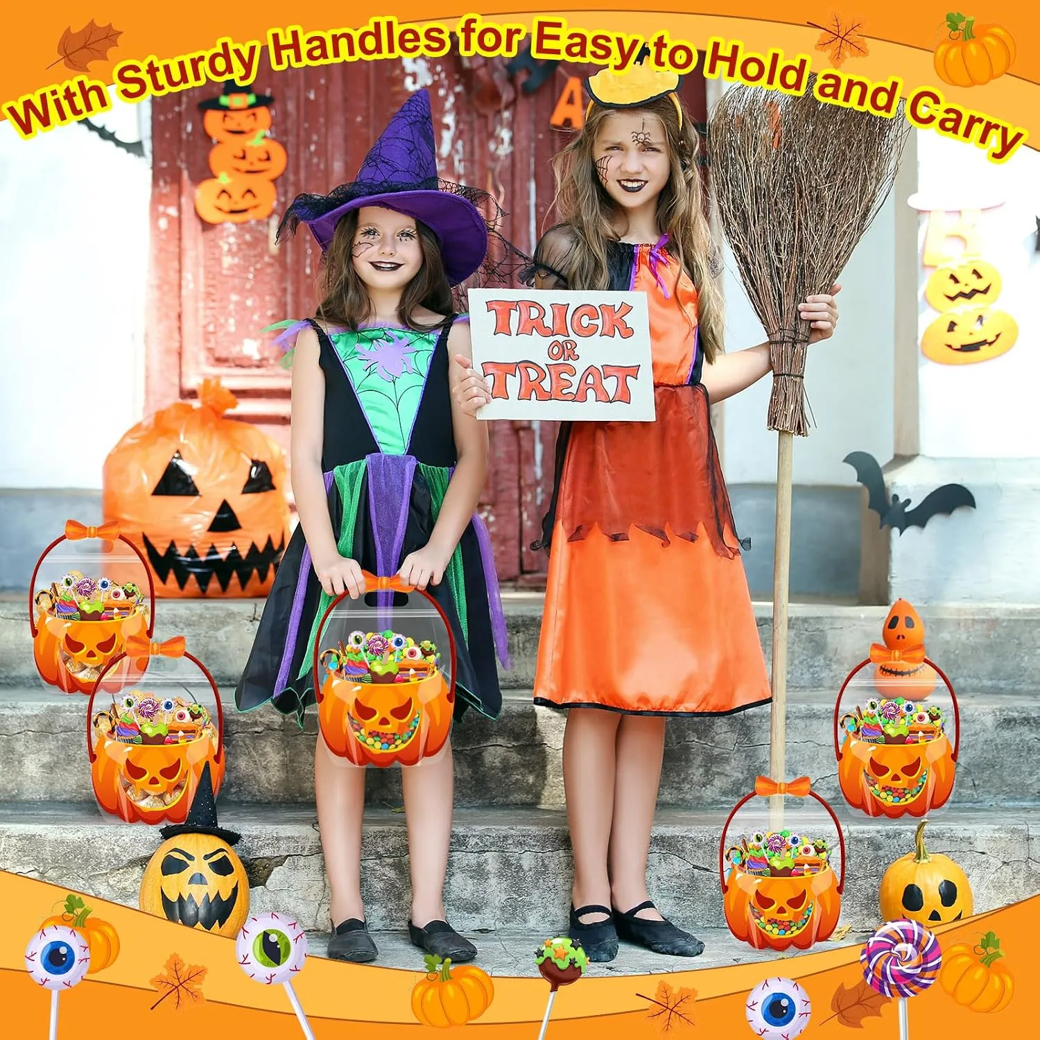 Children carrying orange pumpkin treat bags on Halloween
