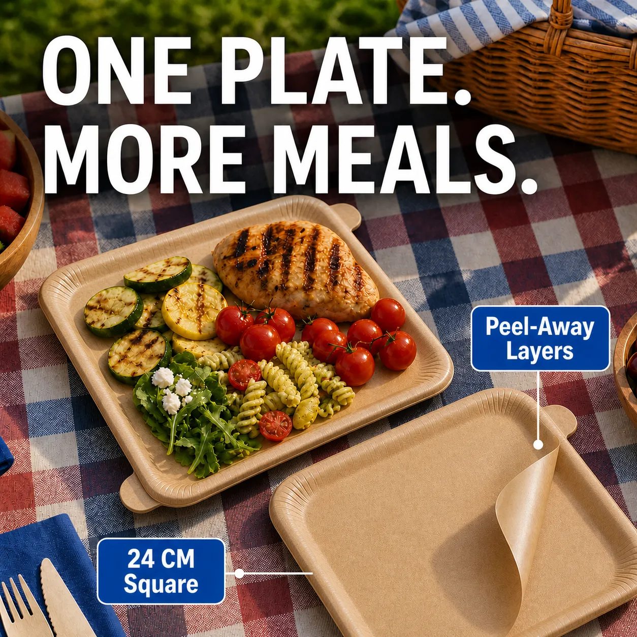 24 cm square paper tray with diagonal pull tabs and peel-away layers at a picnic