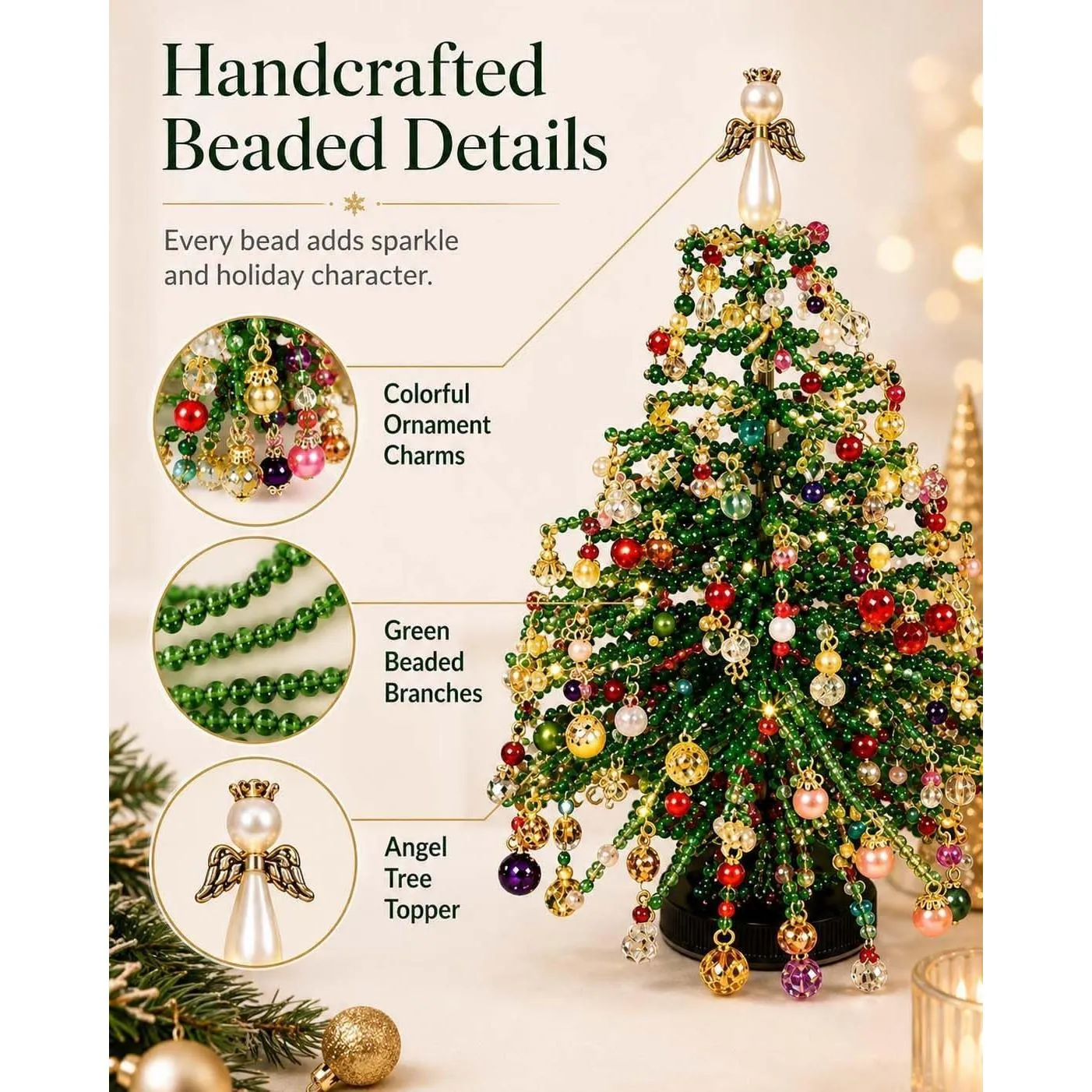 Close view of handcrafted beaded branches and ornament charms
