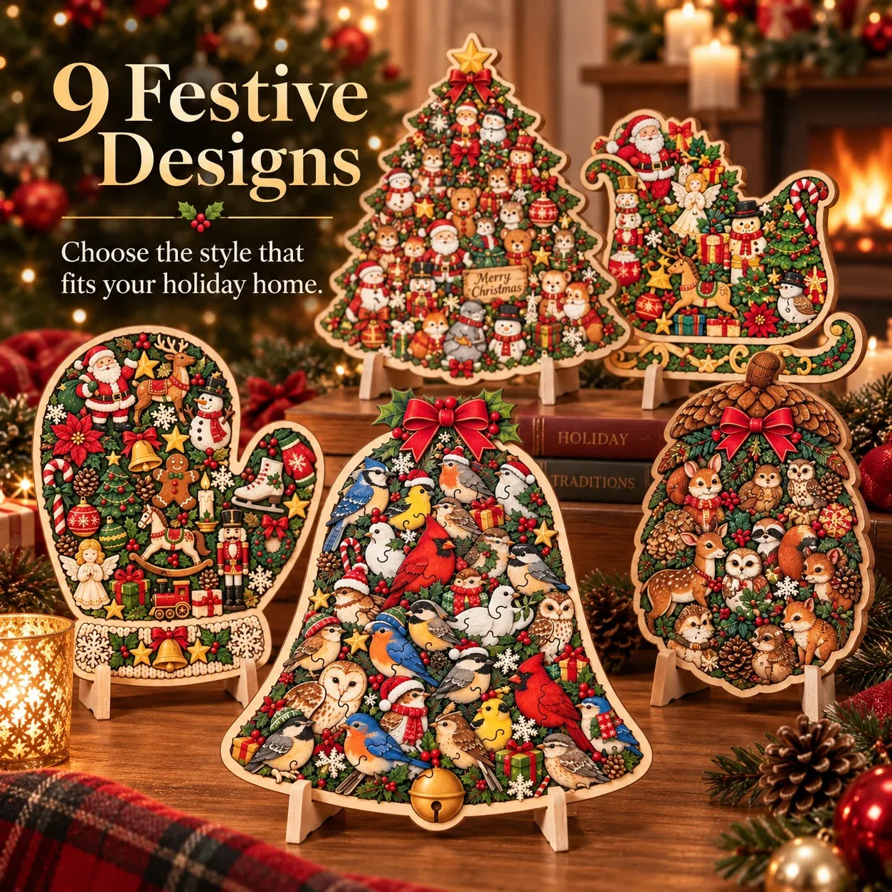 Nine festive Christmas wooden puzzle designs