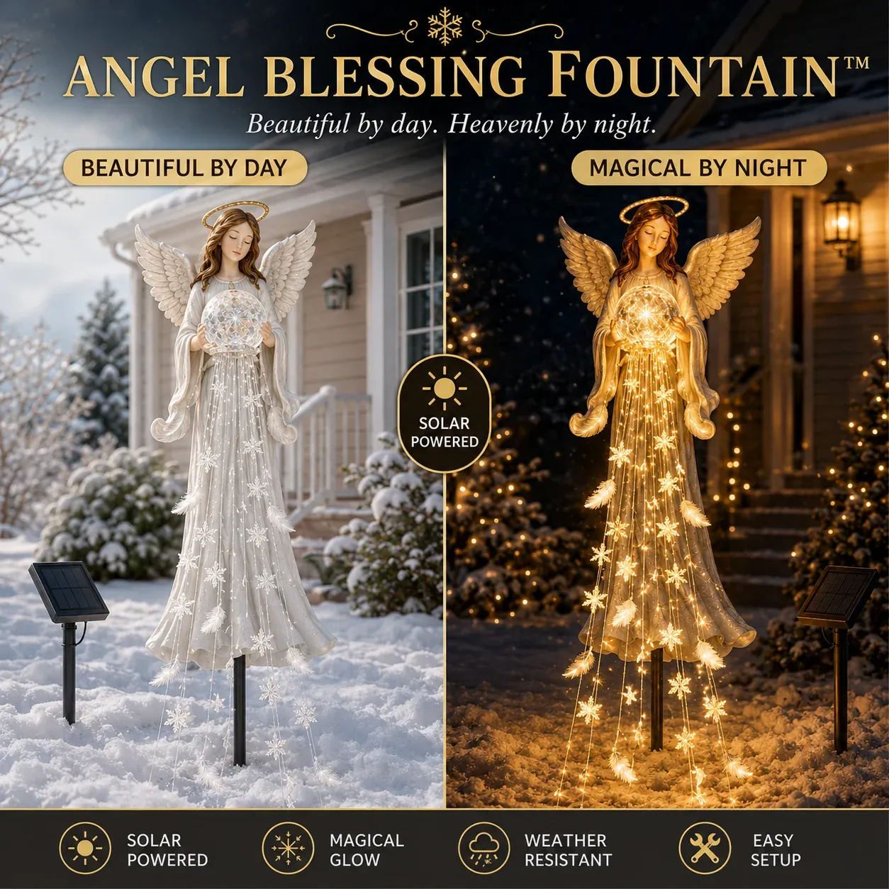 Angel Blessing Fountain beautiful by day and glowing at night