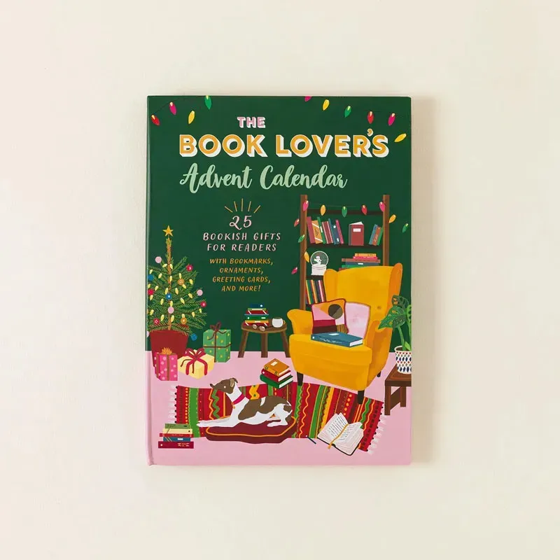 Book Lovers Advent Calendar cover with a Christmas tree, books and a cozy reading chair