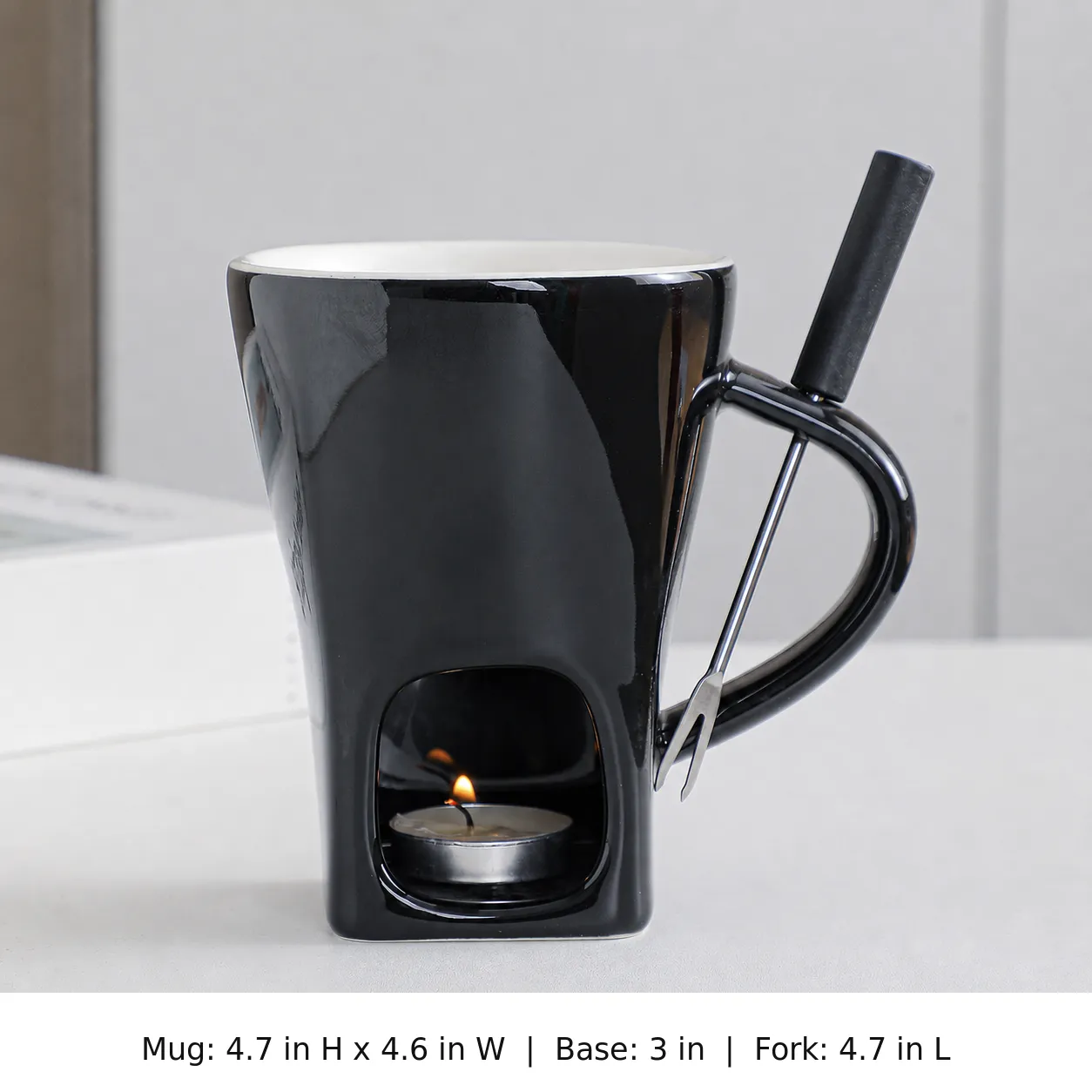 Black chocolate fondue mug set with dimensions