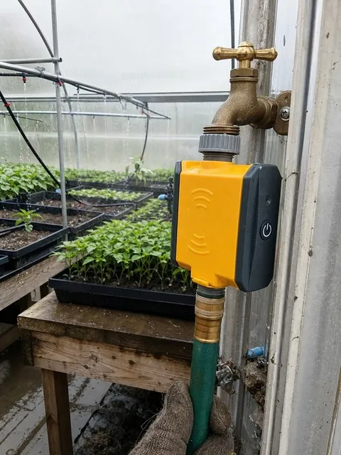 Irrigation controller connected inside a hobby greenhouse