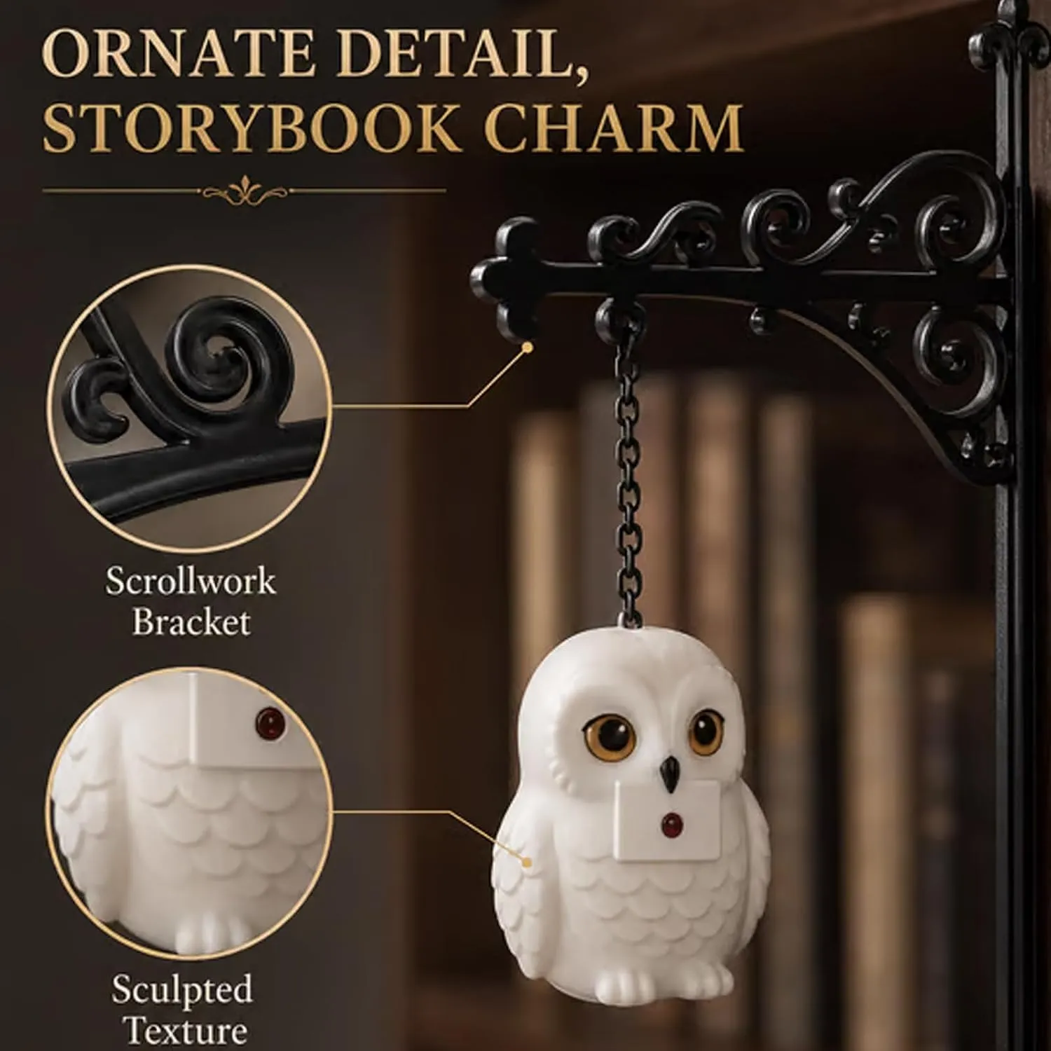Close view of the ornate bracket and owl lamp texture