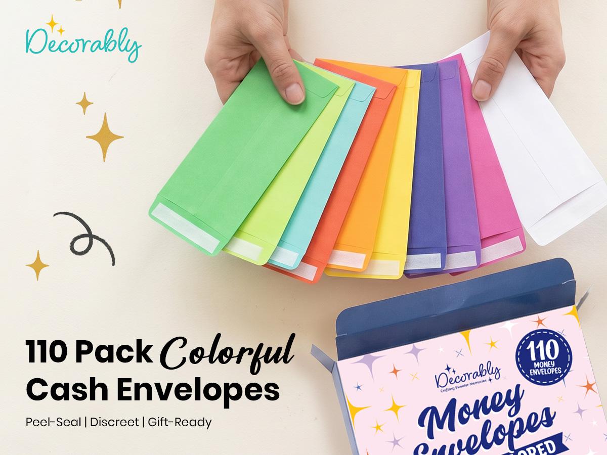 Decorably 110 Pack Colorful Money Envelopes for Cash, 6.5 x 3.5in with Self-Adhesive, Thick 100GSM, Coins, Tip, Gift, Trinkets, Small Items, Banking, Business, Jewelry