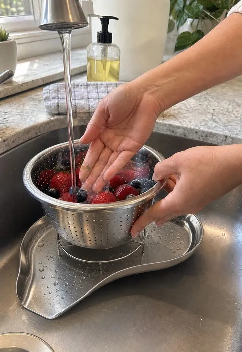 Berries being rinsed in the sink-side colander