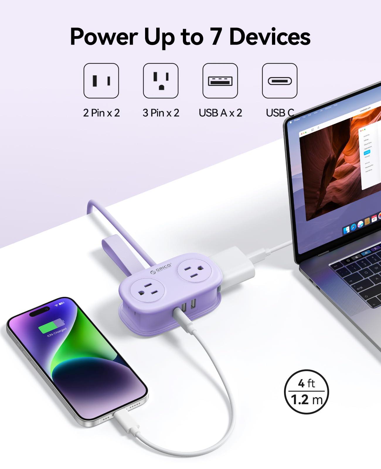 The compact power strip held in one hand to demonstrate its travel-friendly size.