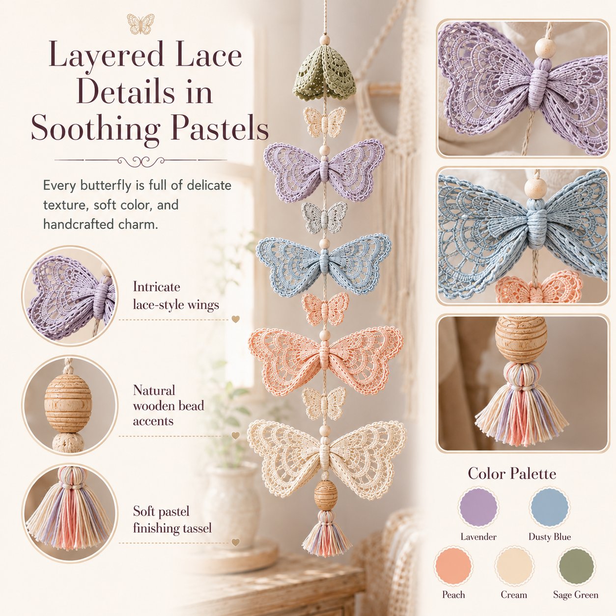 Butterfly Garden Cascade DIY Crochet Kit with layered pastel butterflies