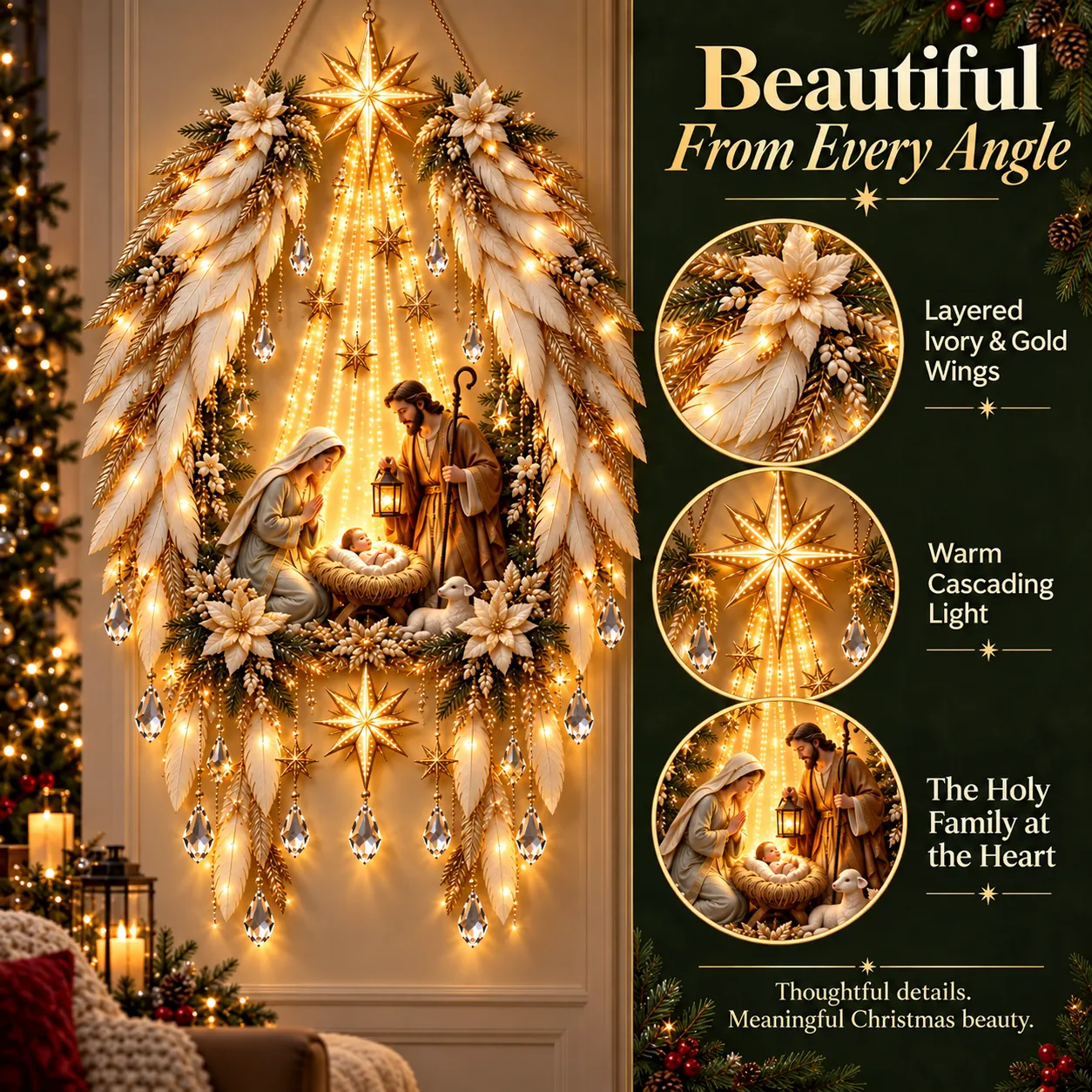 Close-up details of the ivory and gold wings, Bethlehem Star, hanging lights and Nativity figures
