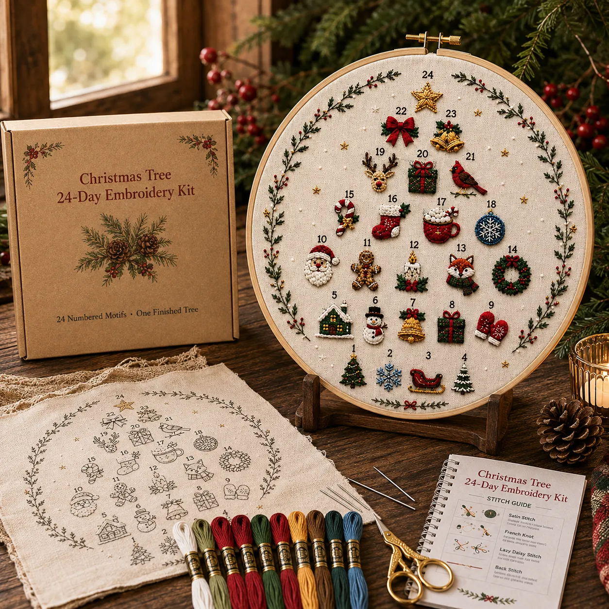 Complete embroidery kit with pre-printed fabric, hoop, floss and guide