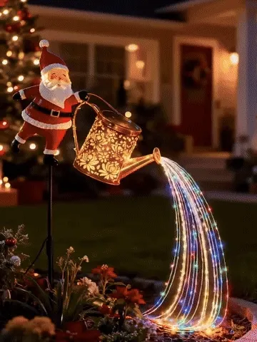 Santa watering can lights glowing in holiday garden and family scenes