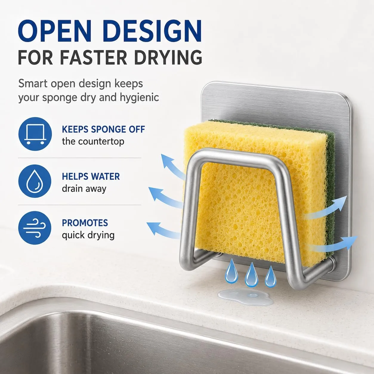 Open holder design supports drainage and airflow around a kitchen sponge
