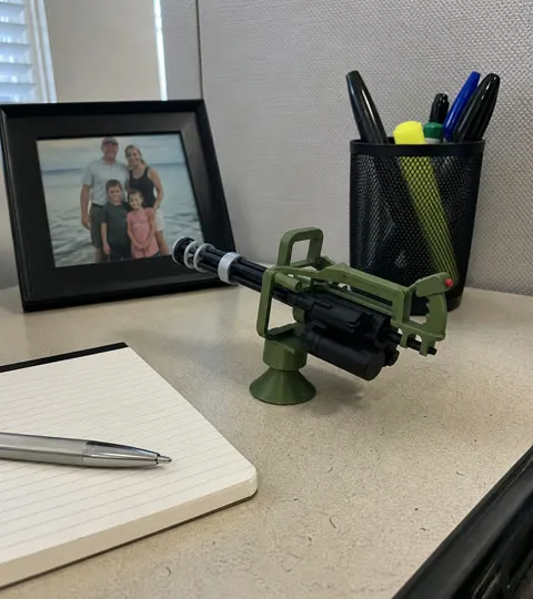 Army green ornament displayed on an office desk