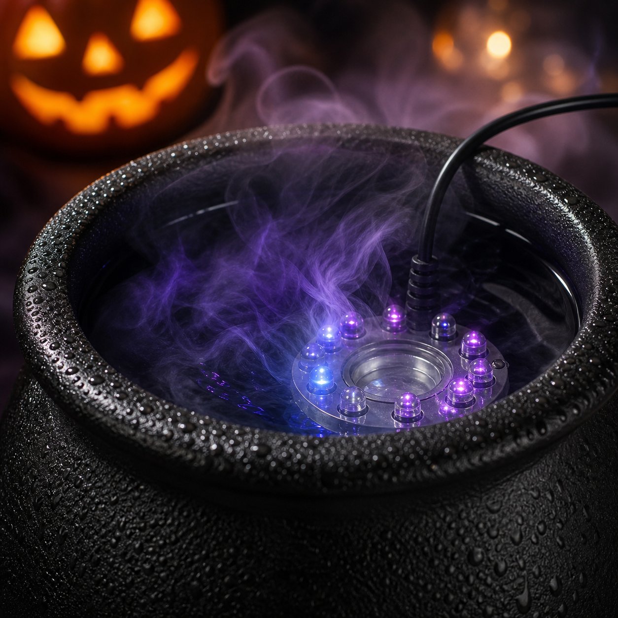 Close-up of the LED atomizer creating violet mist in water