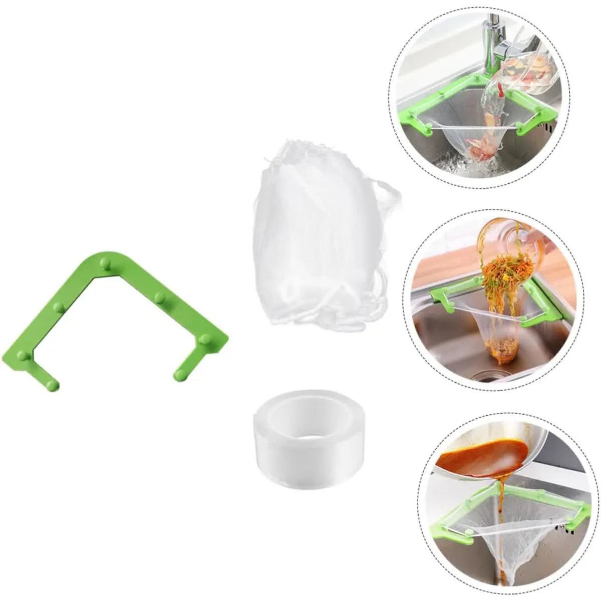 Green holder, white mesh bags, nano tape, and example uses