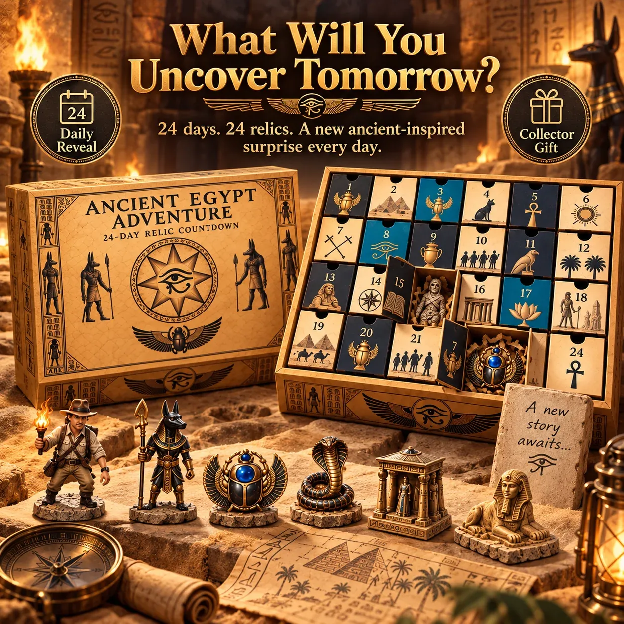 Ancient Egypt relic countdown with numbered daily mystery chambers