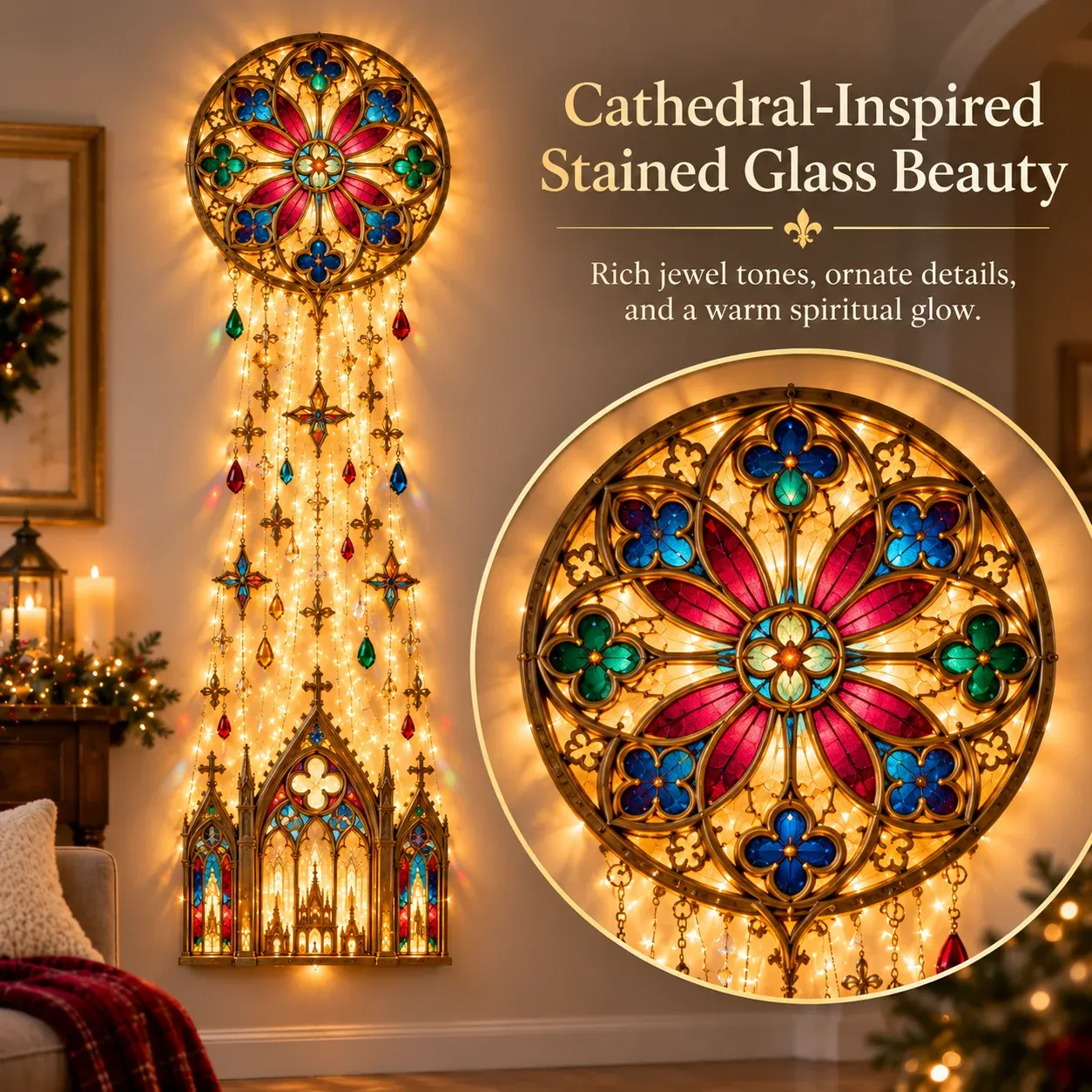 Close view of cathedral rose-window-inspired ornament with colorful jewel tones and warm lighting