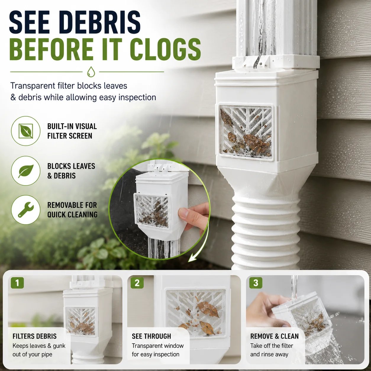 Visible removable debris filter for rain gutter downspout extension