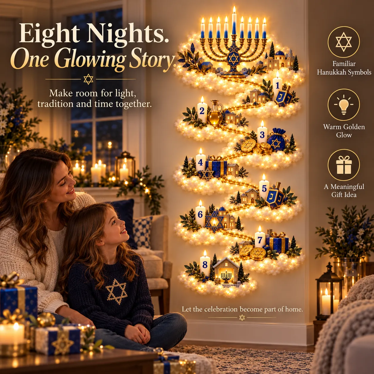 Family display inspiration with the Eight Nights of Light wall decor and its numbered candle scenes