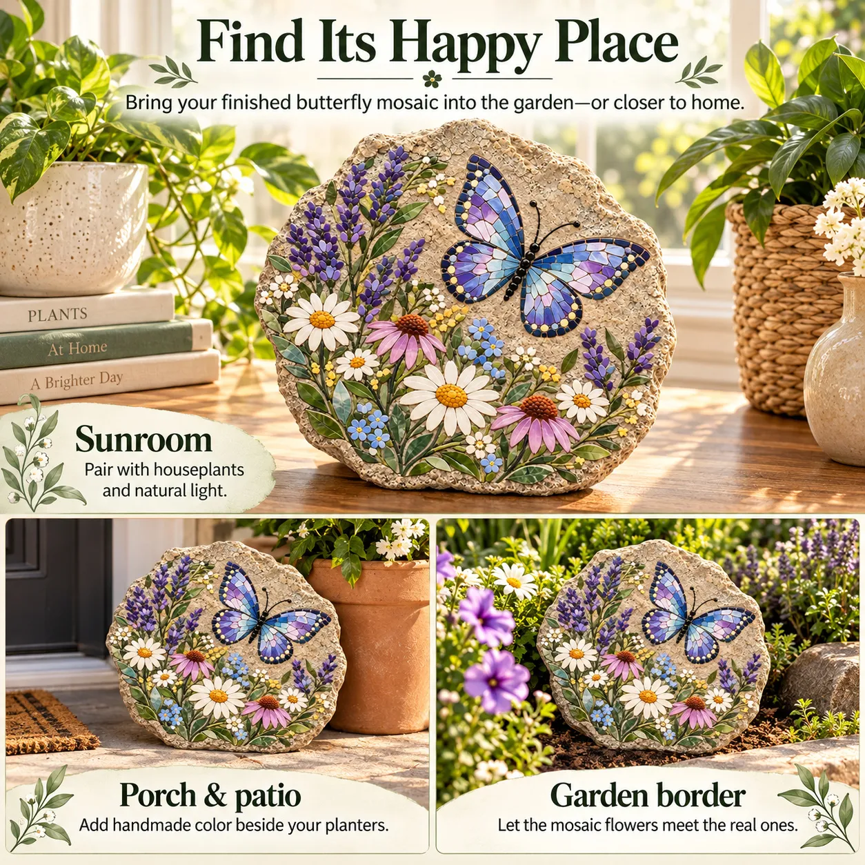 Three display settings showing the butterfly mosaic in a sunroom, on a porch or patio and beside a garden border