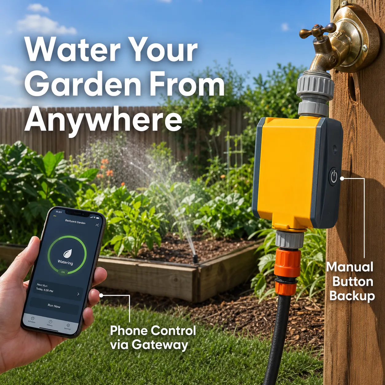 Phone-controlled garden watering with a manual backup button