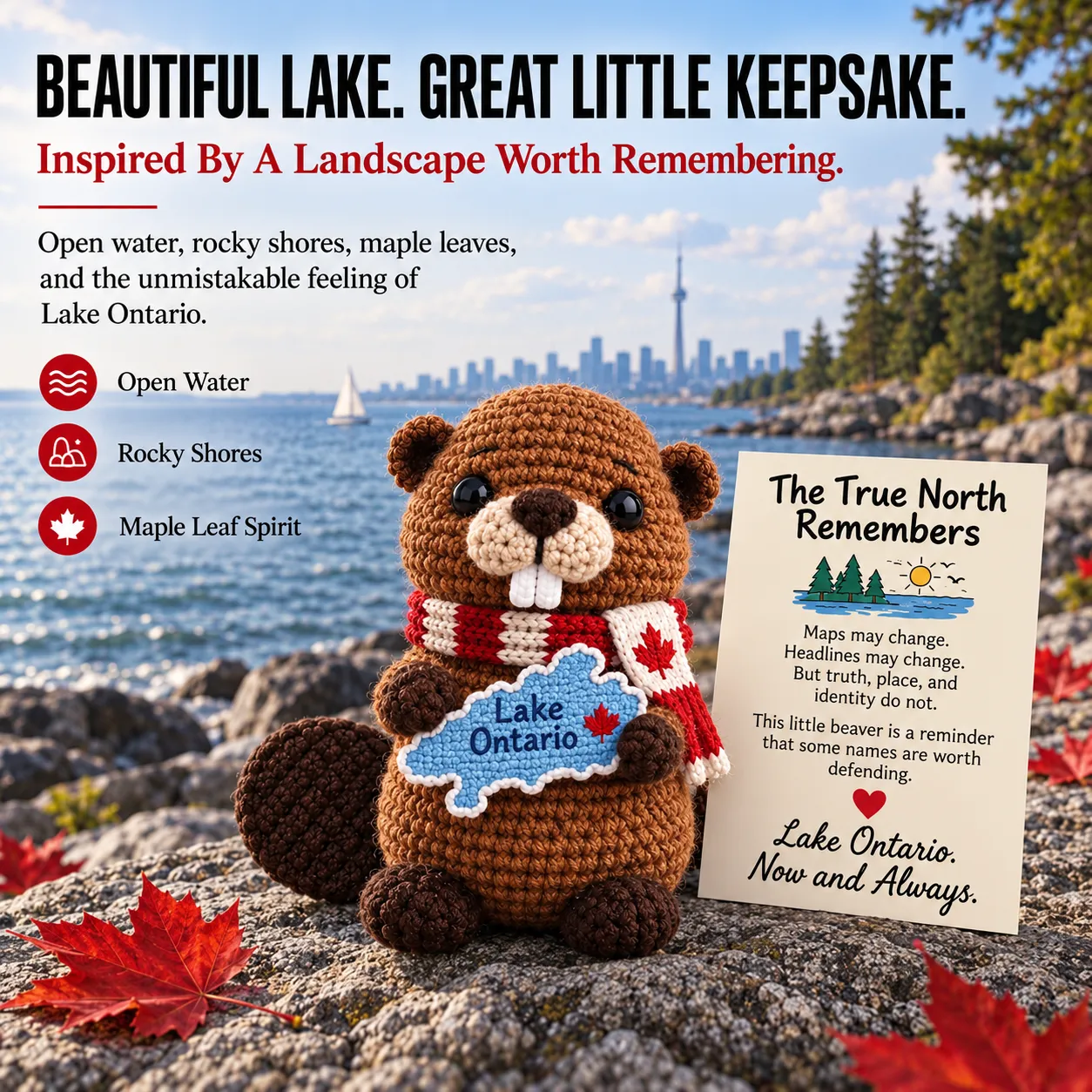 Lake Ontario crochet beaver details inspired by open water, rocky shores and maple leaf spirit