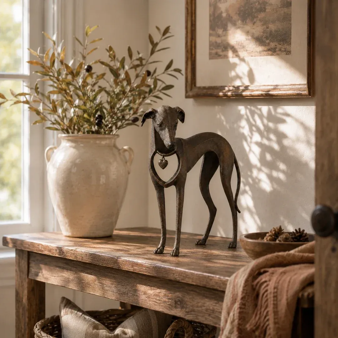 Sighthound sculpture in a warm neutral living room