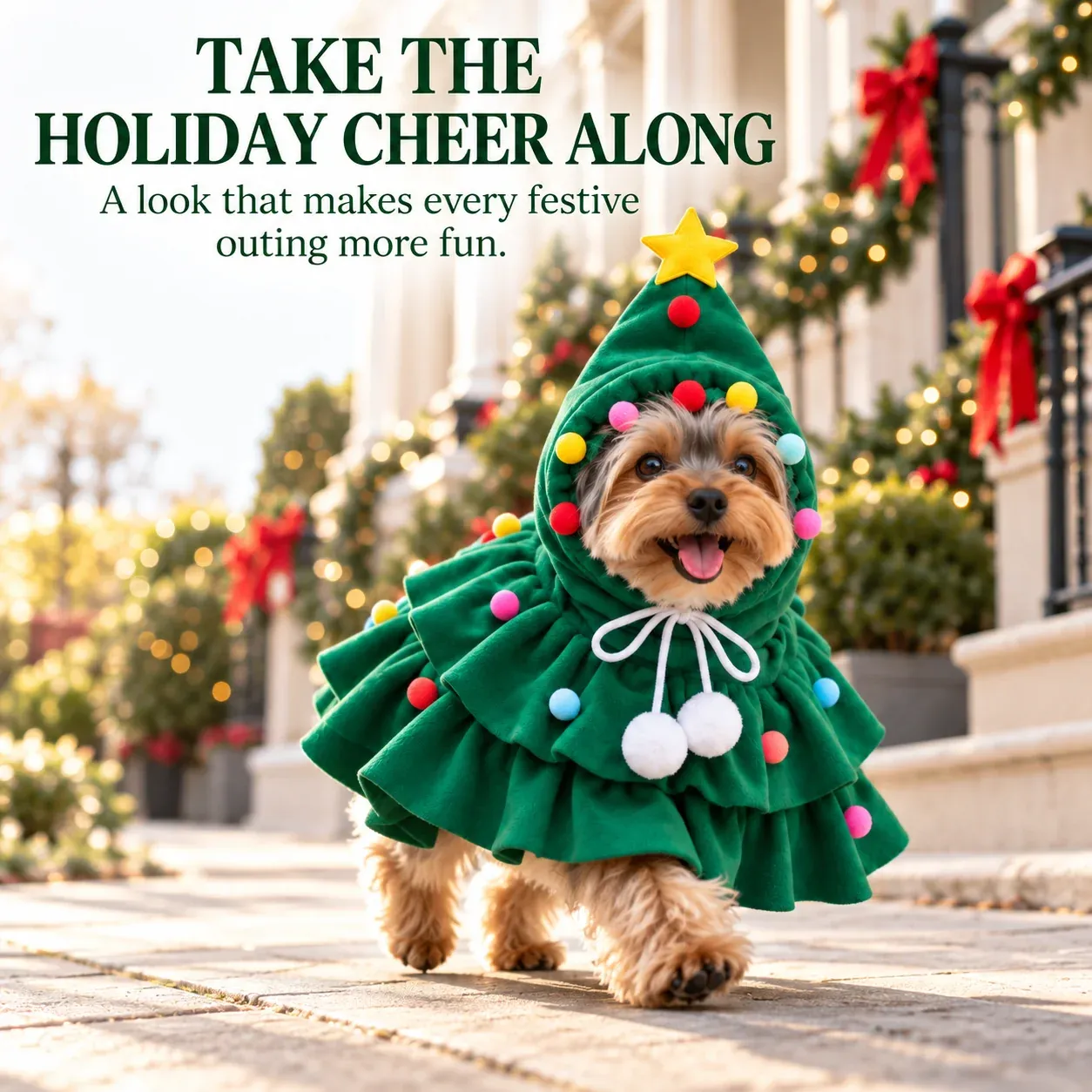 Star topper and ornament details on the Christmas tree dog costume
