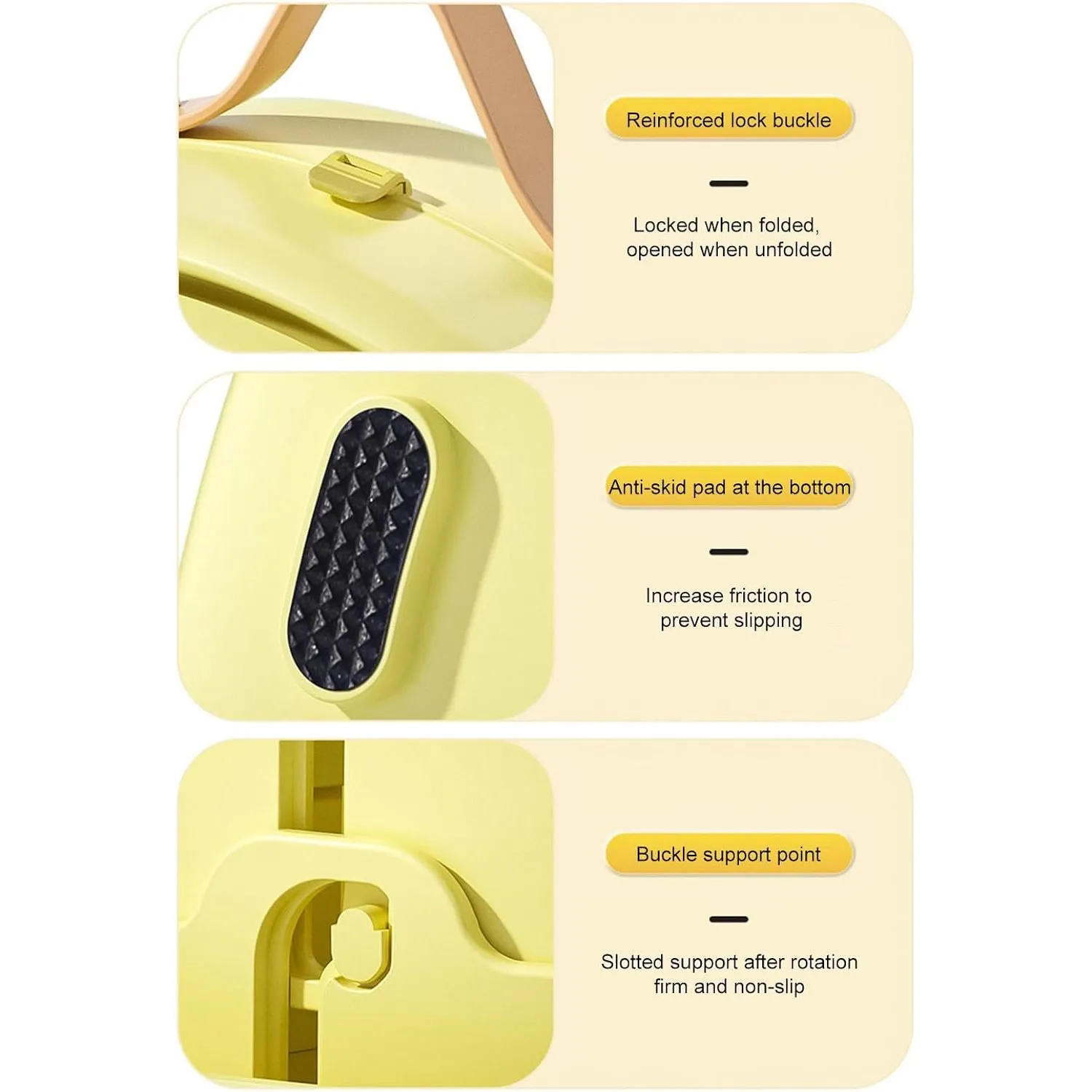 Close-up of the travel potty fold locks, anti-slip pads, and support joints