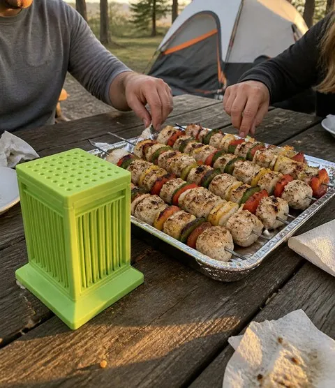 Finished kebabs beside the maker at a campsite