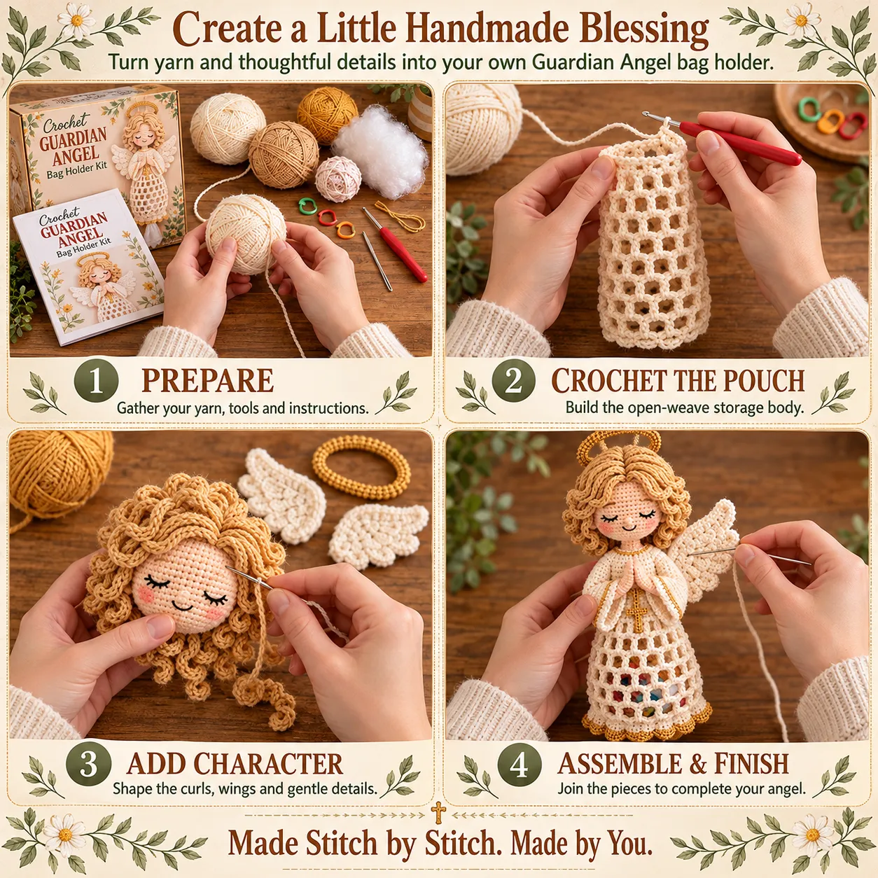 Four Guardian Angel crochet stages: prepare yarn and tools, crochet the pouch, add character details, and assemble the pieces