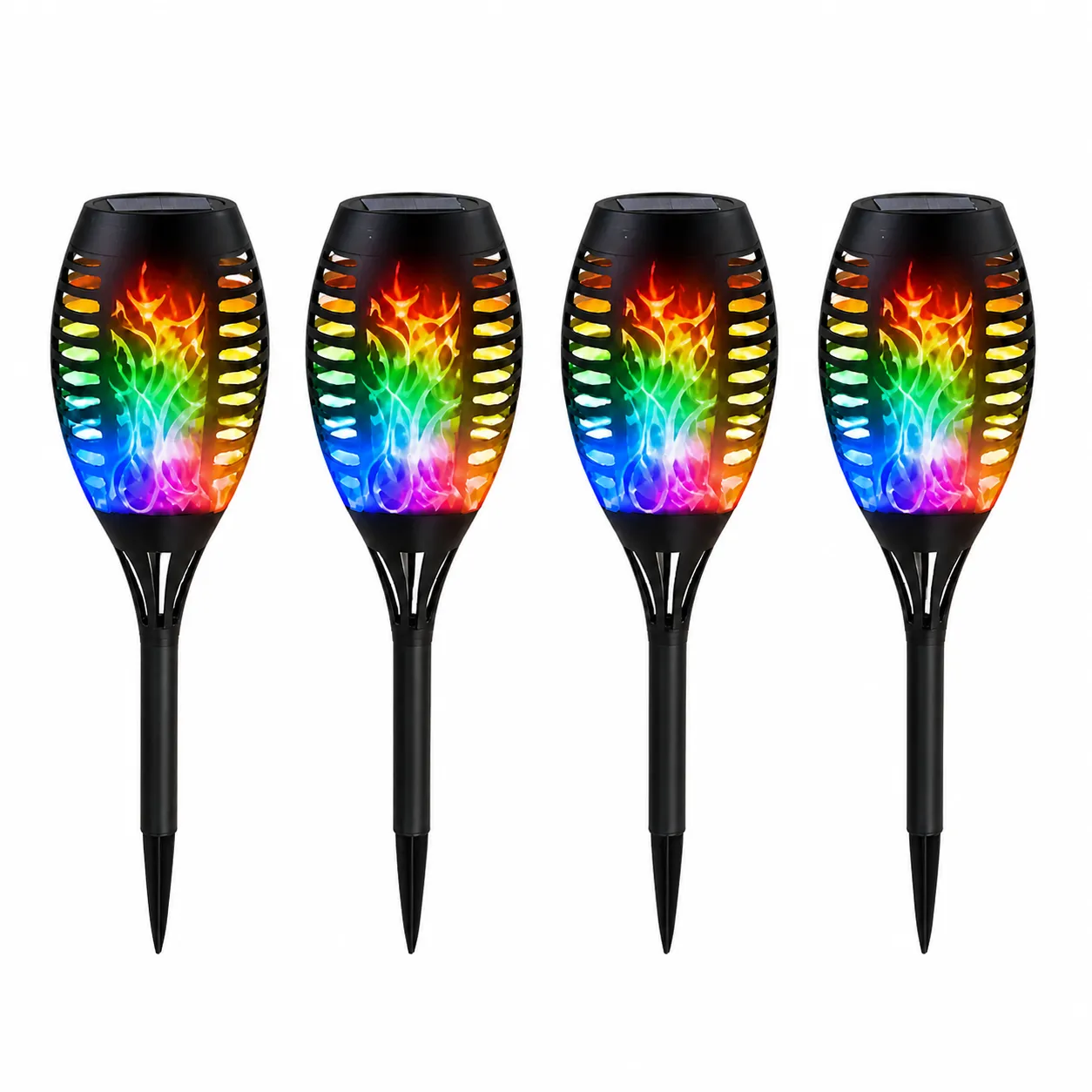 Buy two get two free package with four classic multicolor RGB solar torches
