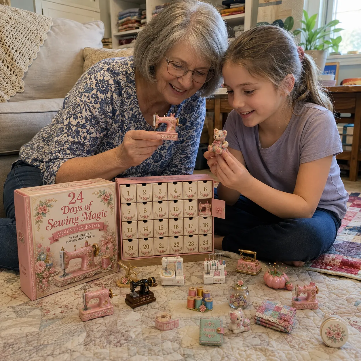 Grandmother and granddaughter enjoying the sewing miniatures together