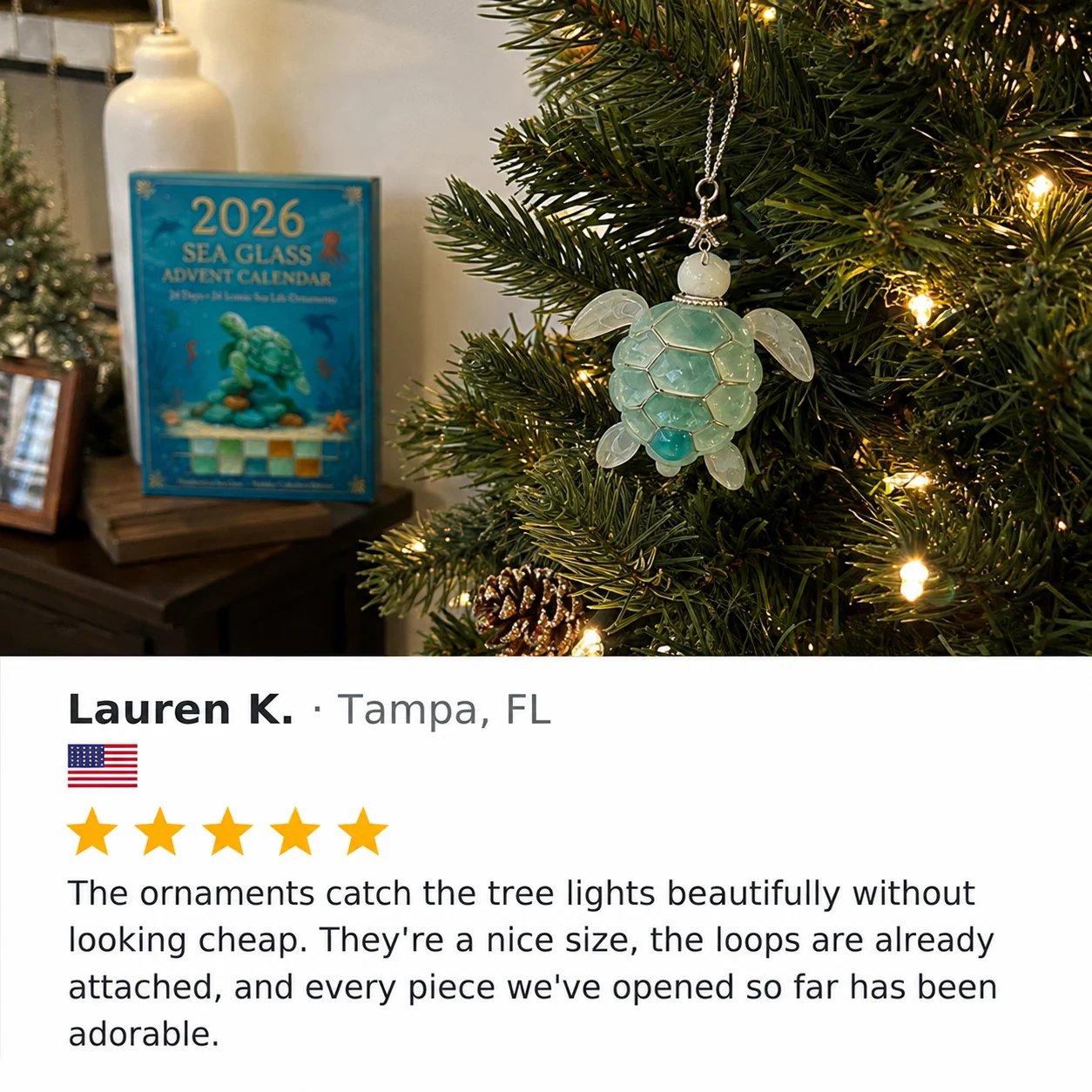Customer display of the coastal Christmas ornament collection