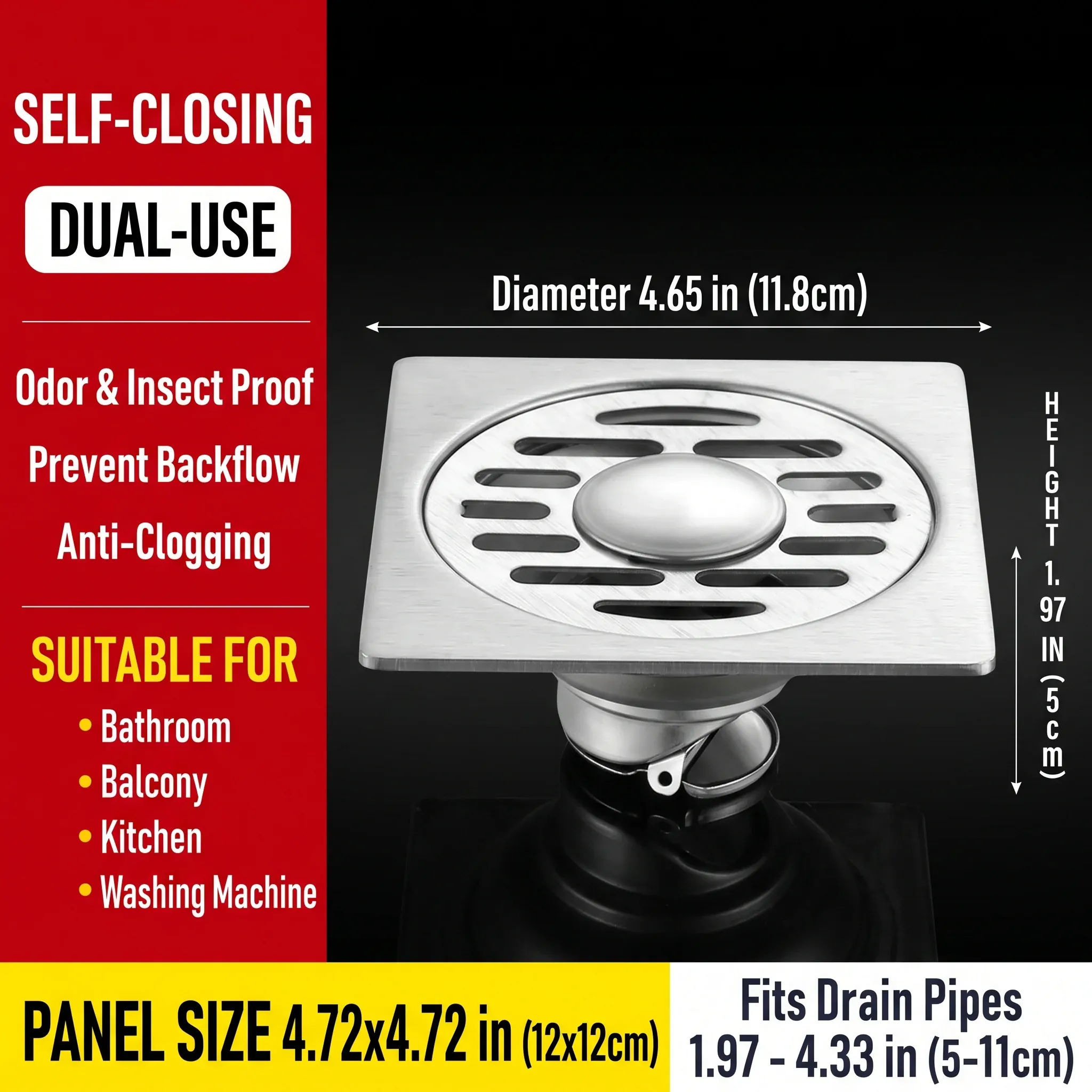 Source size diagram for the 4.72″ × 4.72″ floor drain, including body height and compatible drain-opening range