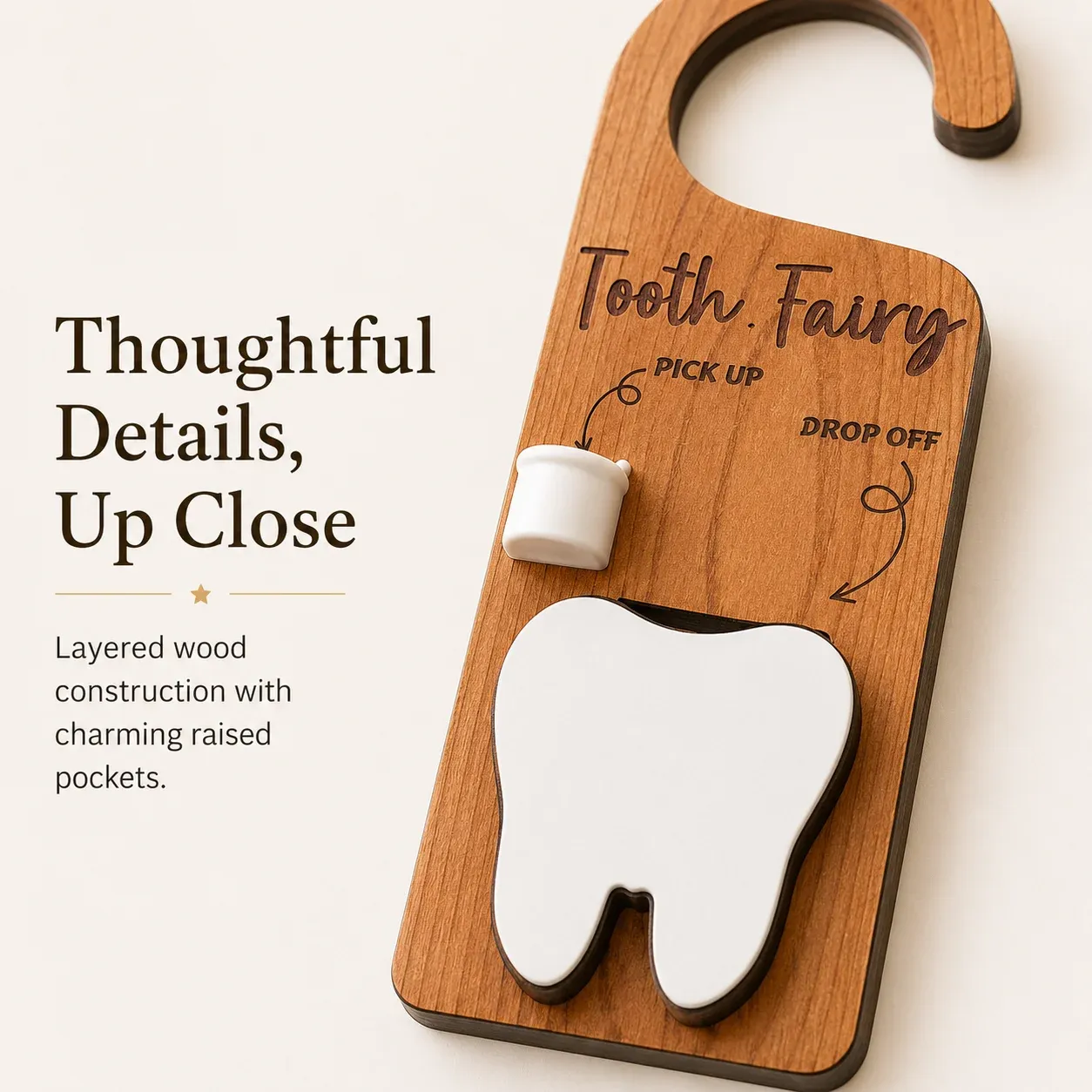 Close-up view of the wood grain, engraved lettering, raised pick-up cup and tooth-shaped pocket