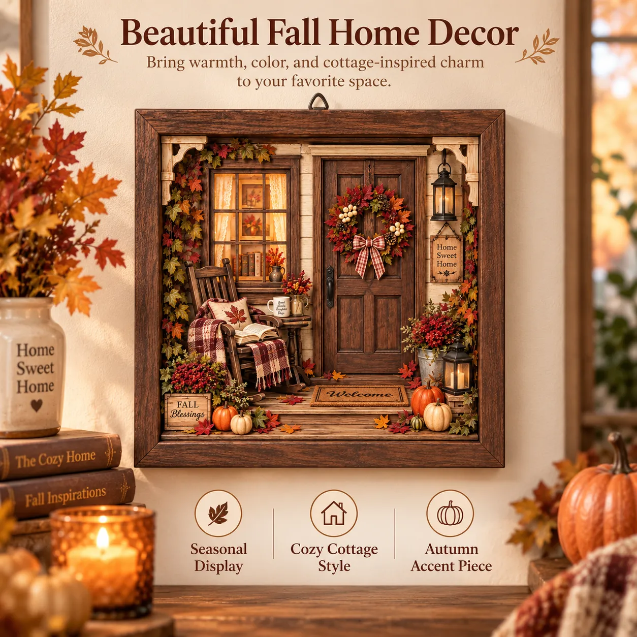 Autumn reading porch DIY shadow box kit finished scene