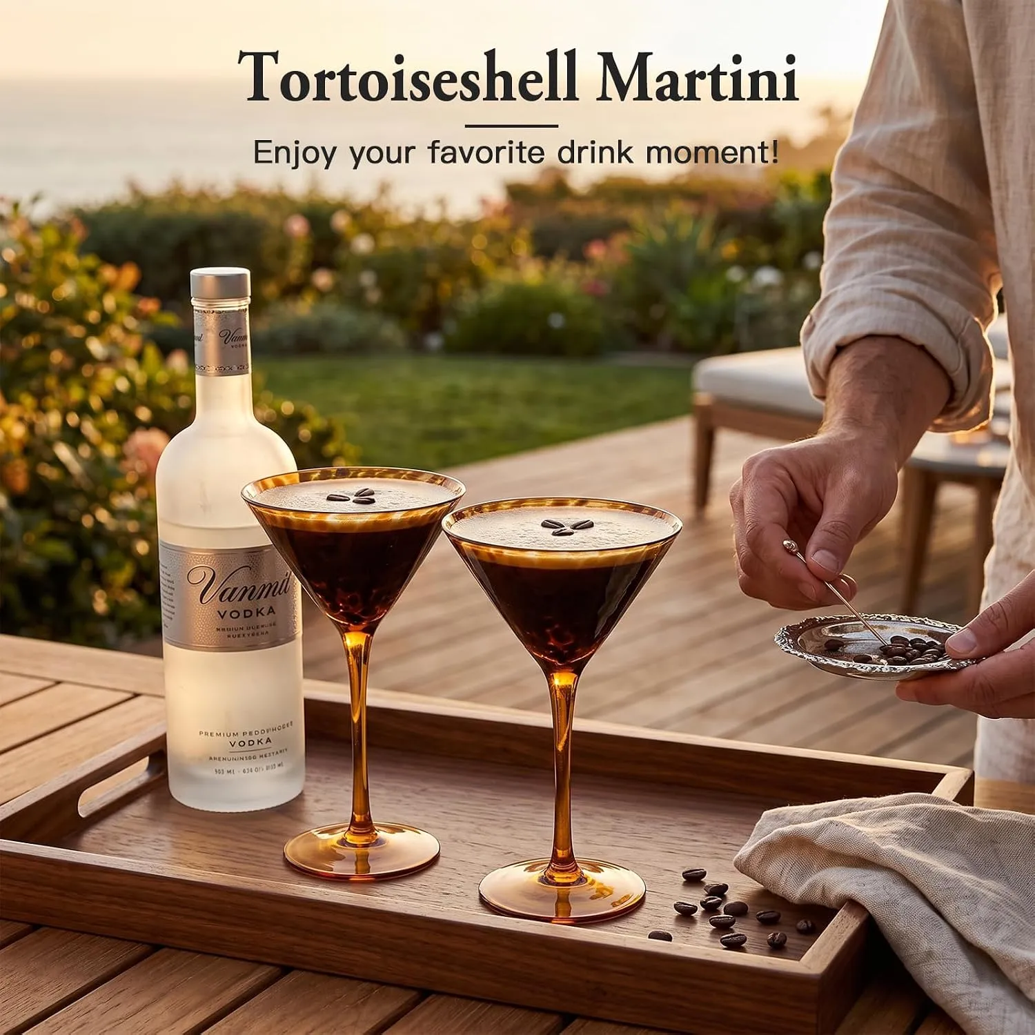 Amber tortoiseshell martini glasses served outdoors at golden hour