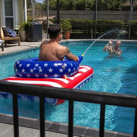 Friends playing a pool splash game with the tank float
